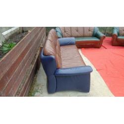 Te koop: blauw bruin leren driezitter / bank
