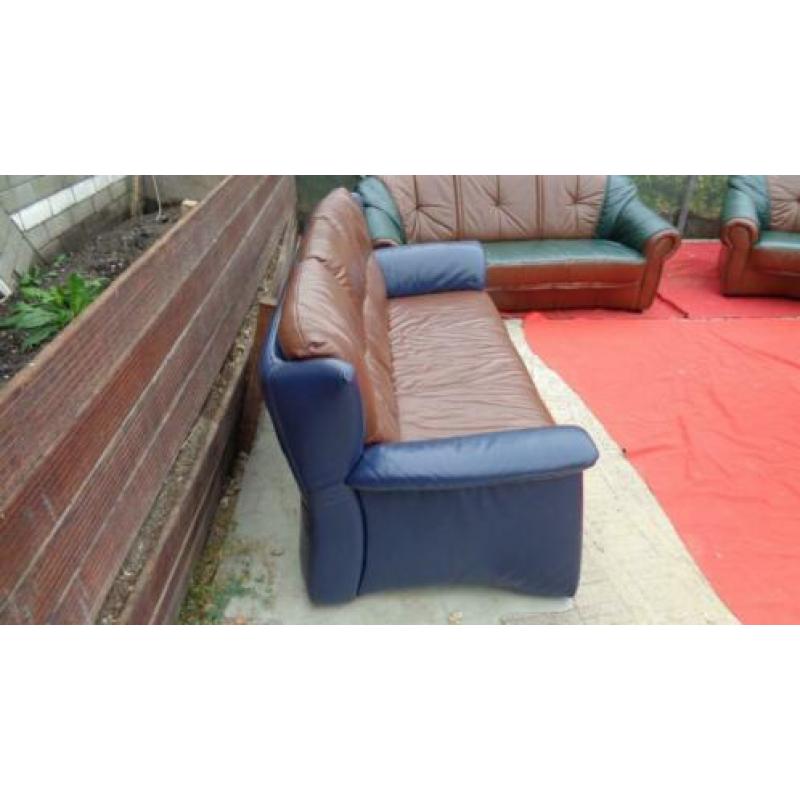 Te koop: blauw bruin leren driezitter / bank