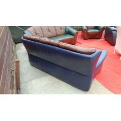 Te koop: blauw bruin leren driezitter / bank