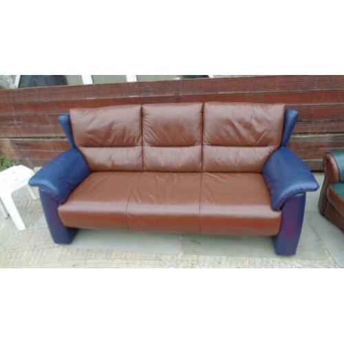 Te koop: blauw bruin leren driezitter / bank