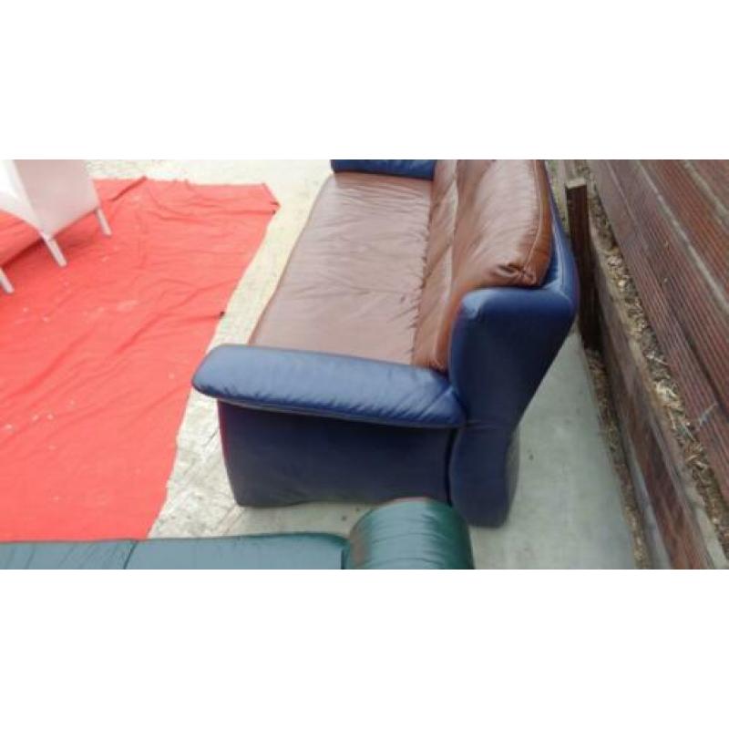 Te koop: blauw bruin leren driezitter / bank