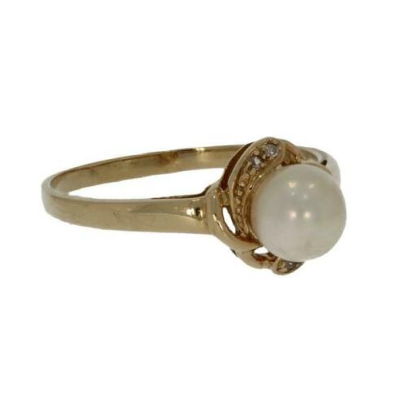 14 karaats gouden diamanten en parel dames ring