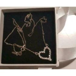 Zilveren ketting met hart en strass - nieuw