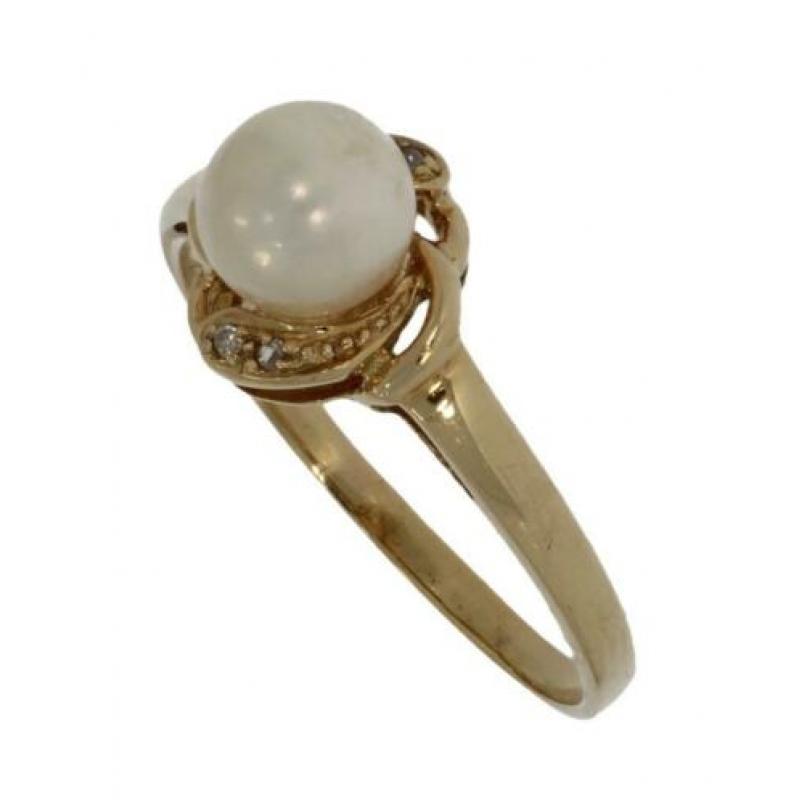 14 karaats gouden diamanten en parel dames ring