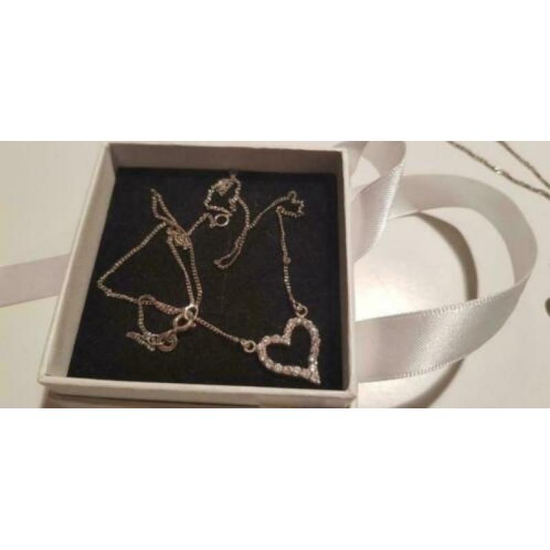 Zilveren ketting met hart en strass - nieuw