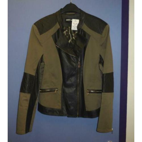 Gerry Weber blazer kakigroen katoen + zw. pu leer 42 32335