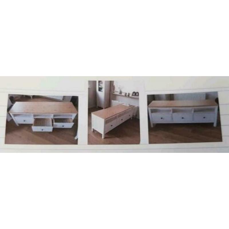 Tv meubel wit met houten boven laag, ikea, Hemnes