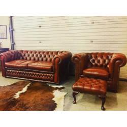 Chesterfield set leer cognac bruin fauteuil+bank