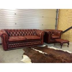 Chesterfield set leer cognac bruin fauteuil+bank