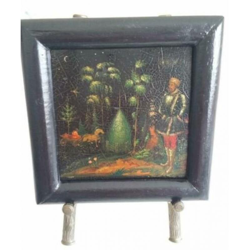 Antiek Russisch lak miniatuur schilderijtje schilderij
