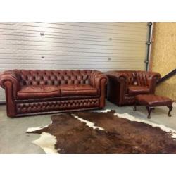 Chesterfield set leer cognac bruin fauteuil+bank