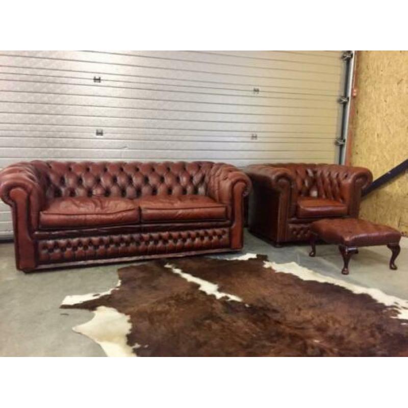 Chesterfield set leer cognac bruin fauteuil+bank