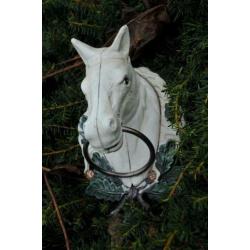 Paardenhoofd met ring, gietijzer-wit-paard-deco-tuin