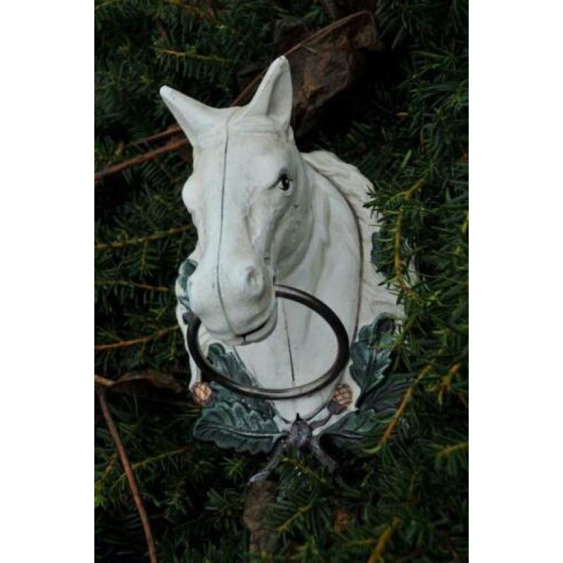 Paardenhoofd met ring, gietijzer-wit-paard-deco-tuin