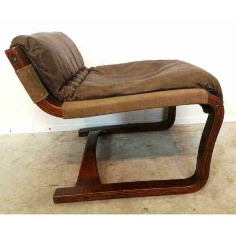 Scandinavische stoel, leer, hout, vintage