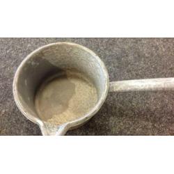 Vintage grijs gewolkte pan, melkkoker en steelpan