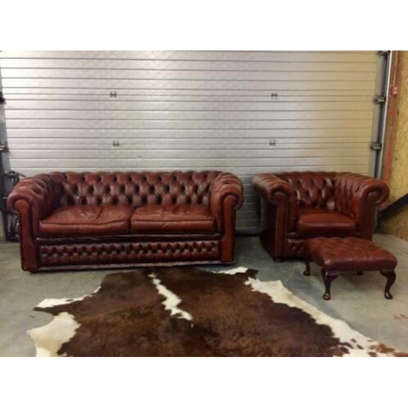 Chesterfield set leer cognac bruin fauteuil+bank