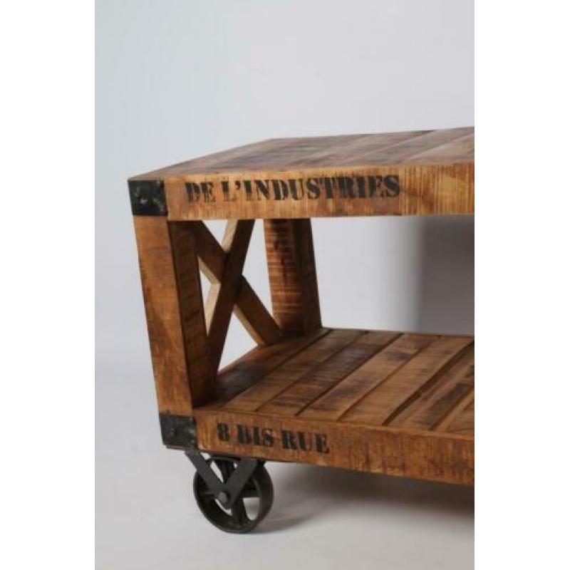 Nieuwe mangohouten salontafel op wielen, bank, tafel