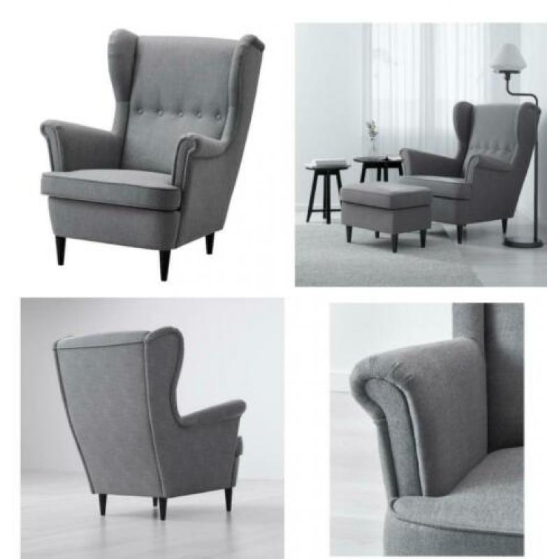 Ikea STRANDMON Oorfauteuil met voetenbank, donkergrijs