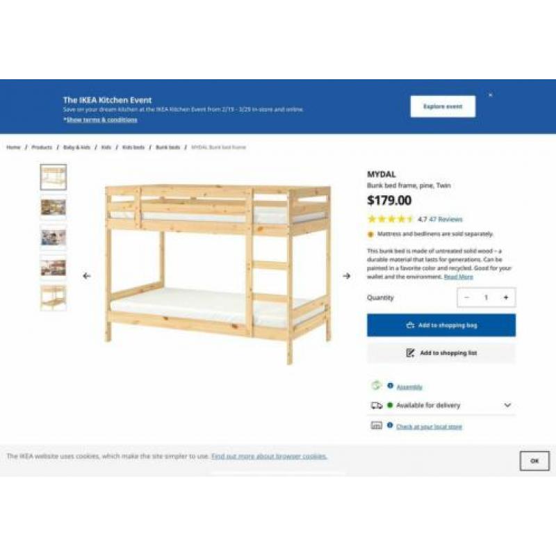 IKEA Mydal stapelbed van hout met 2 matrassen