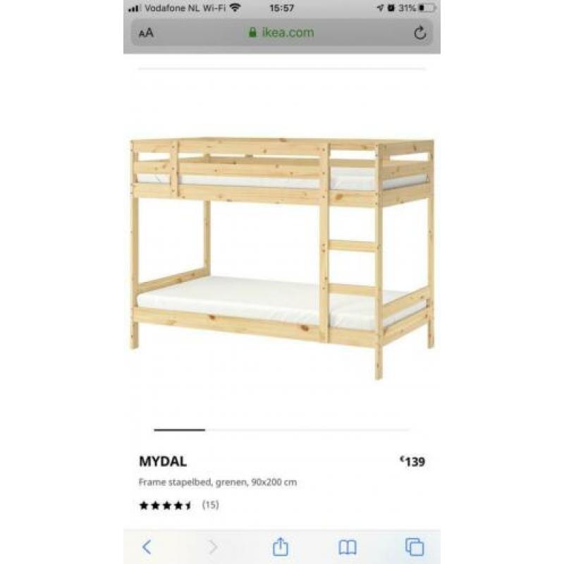 IKEA Mydal stapelbed van hout met 2 matrassen