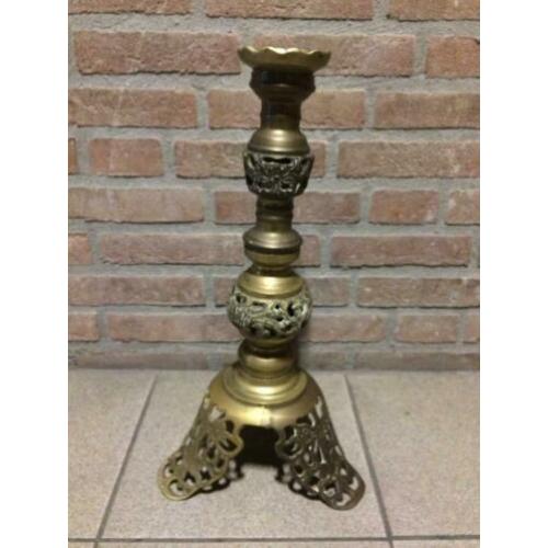 Brocante oude kerkkandelaar / messing / 48 cm. hoog