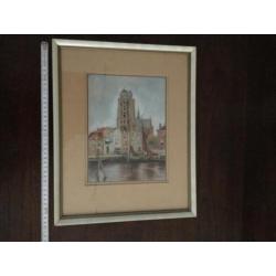 Leuvehaven Dordrecht. Grote kerk Dordrecht. Pastel tekening.