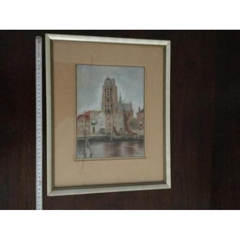 Leuvehaven Dordrecht. Grote kerk Dordrecht. Pastel tekening.