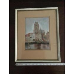 Leuvehaven Dordrecht. Grote kerk Dordrecht. Pastel tekening.