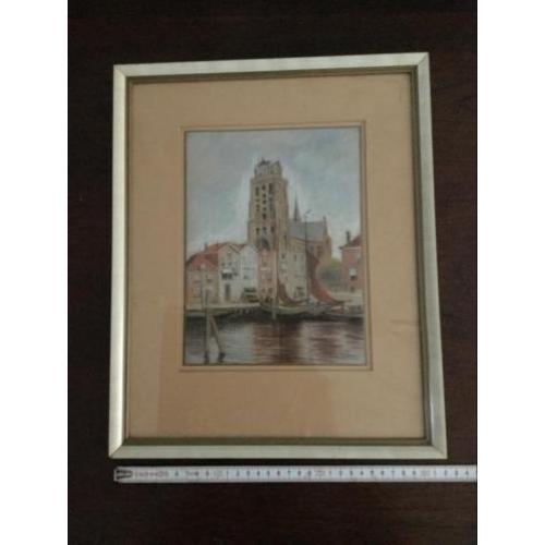 Leuvehaven Dordrecht. Grote kerk Dordrecht. Pastel tekening.