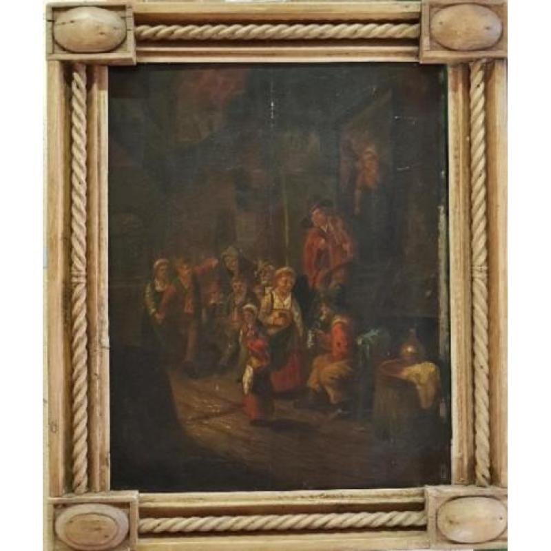 paneel kroegtafereel met figuren fraaie lijst, 17/18e eeuws