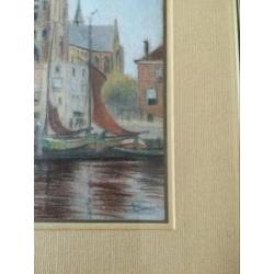 Leuvehaven Dordrecht. Grote kerk Dordrecht. Pastel tekening.