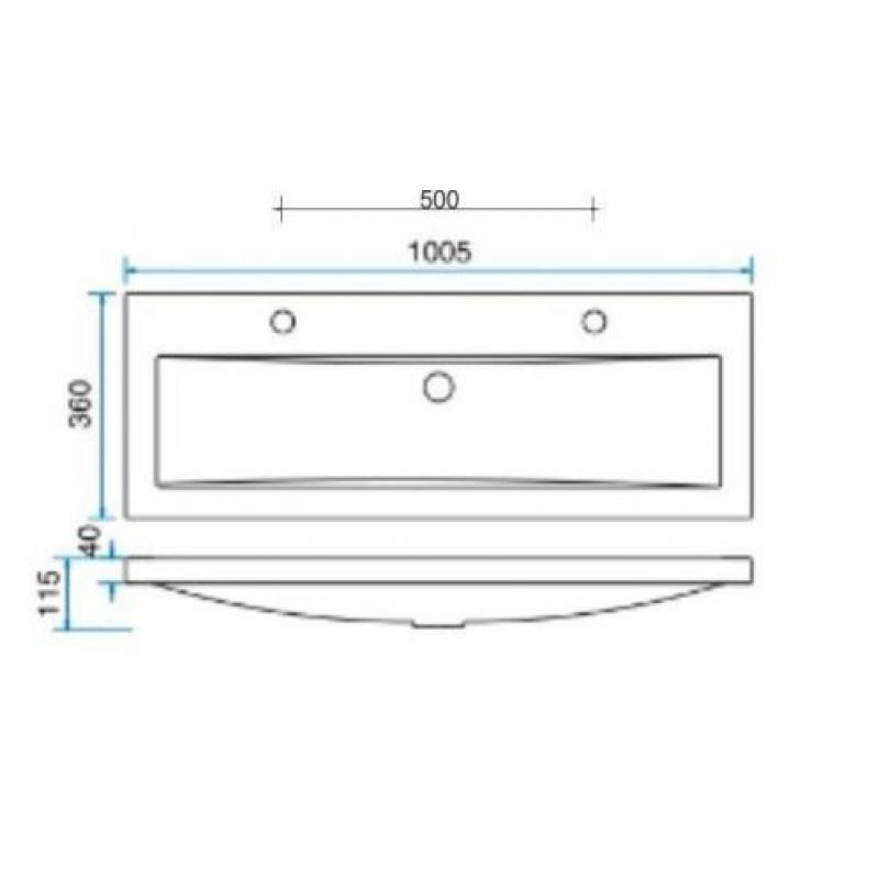 Wiesbaden wastafel 100cmx36cm twee kraangaten wit
